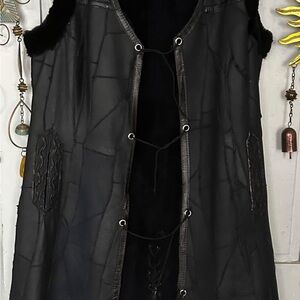 Vintage BF Furs Greece Black Shearling Leather Vest with Fur Trim